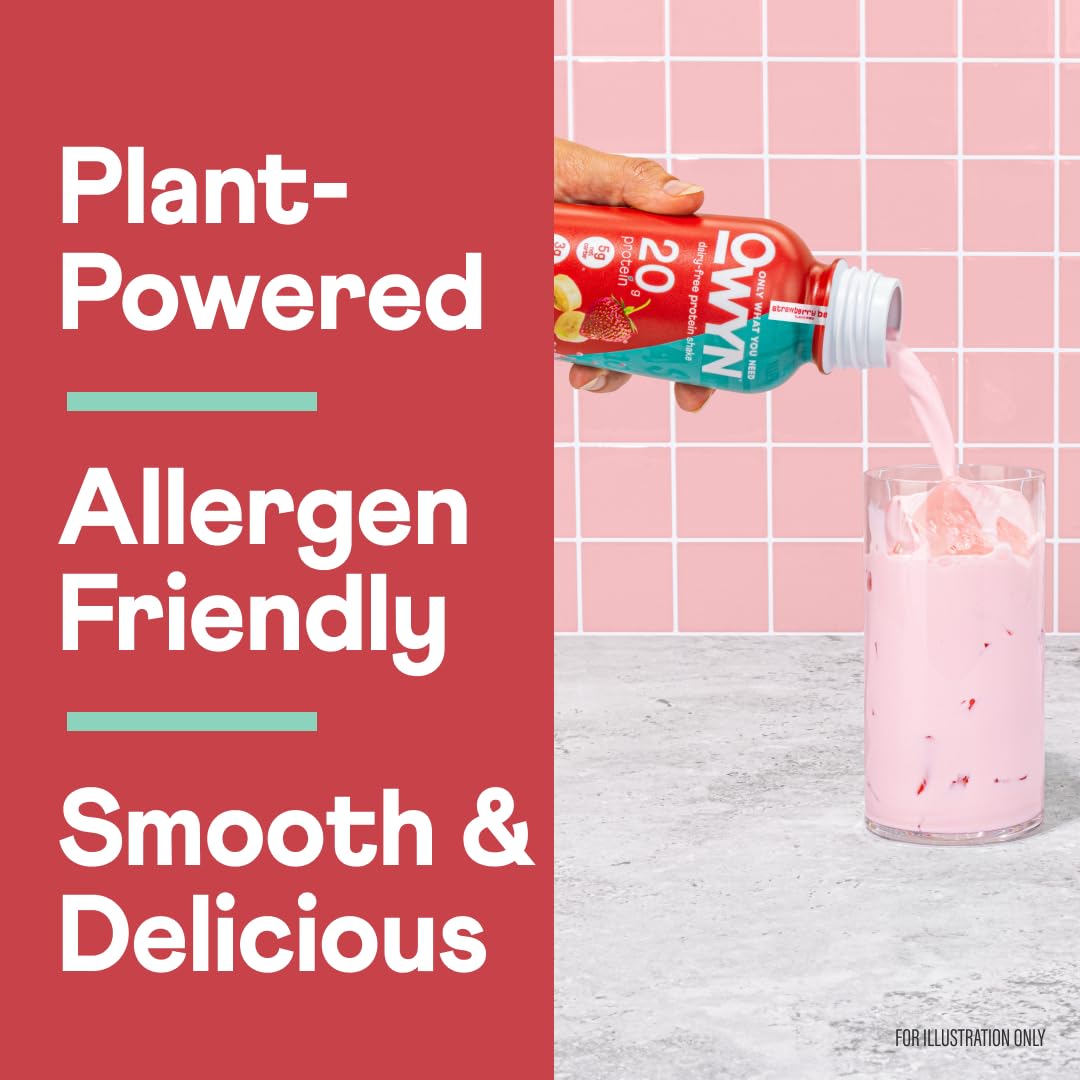 OWYN shake glass with strawberry banana pour, rich flavor after exercise.