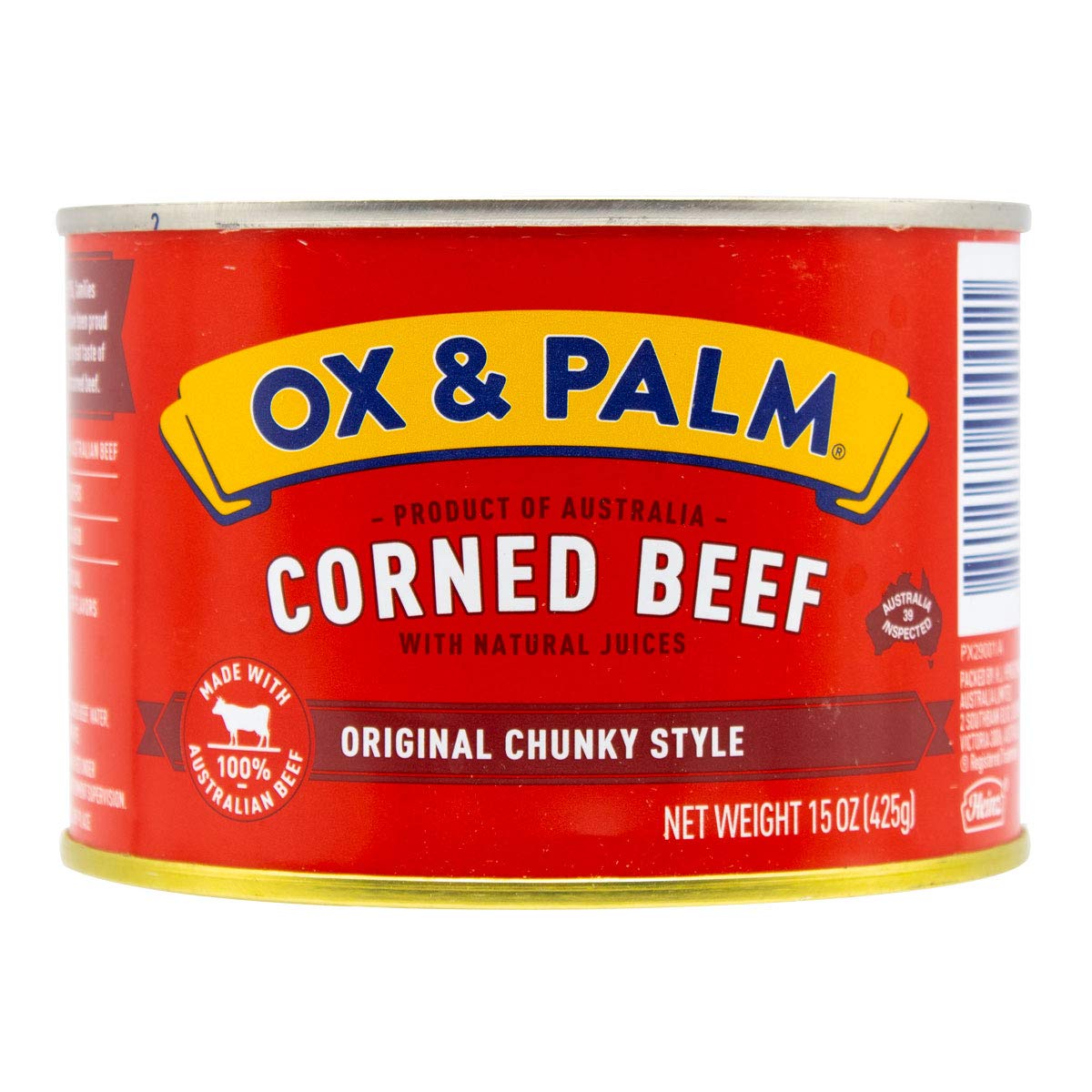Ox & Palm Australian Corned Beef Original Chunky, juicy chunks for hash, sandwiches, or pasta.