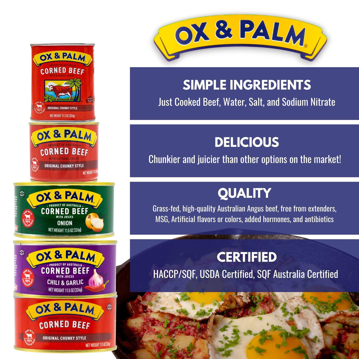 Ox and Palm Corned Beef Original Chunky hash pan scene for quick breakfast options.