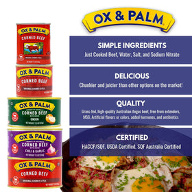 Ox and Palm Corned Beef Original Chunky hash pan scene for quick breakfast options.