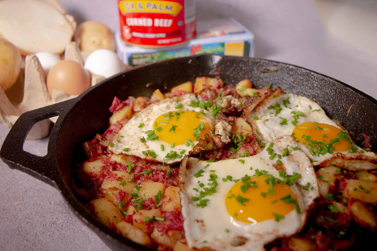 Ox and Palm Corned Beef Original Chunky sliced plate showing convenient serving ideas.