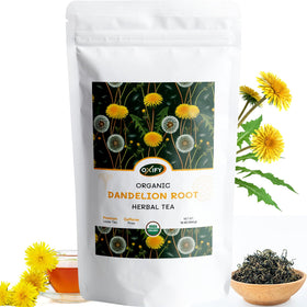 Oxify Dandelion Root Tea packaging showing 16 oz resealable tin for freshness