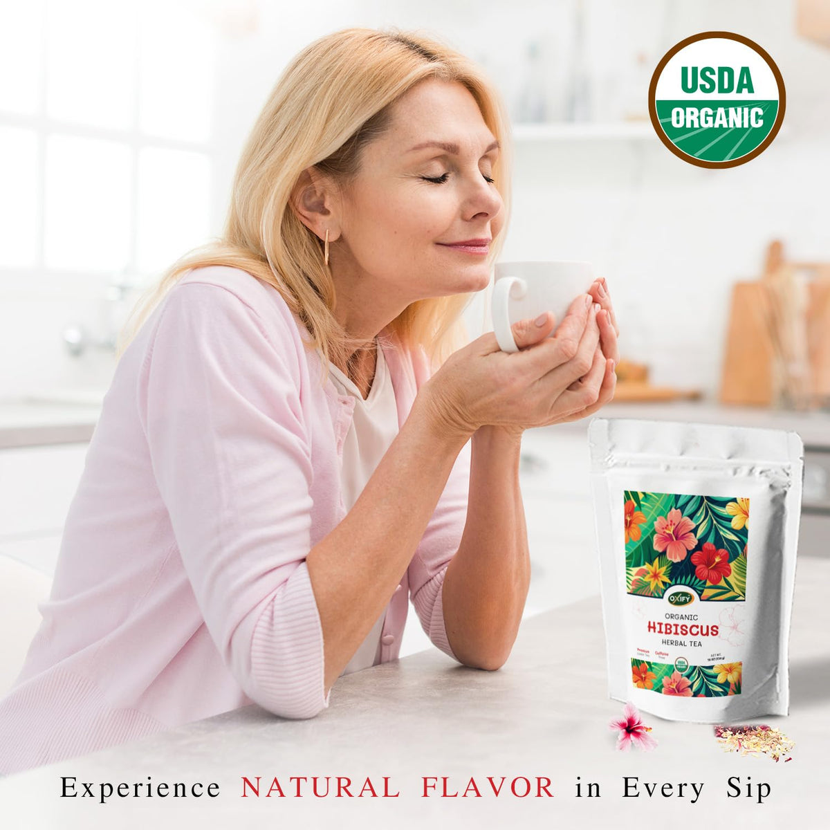 Oxify Organic Hibiscus tea packaging shows a generous 16 oz size