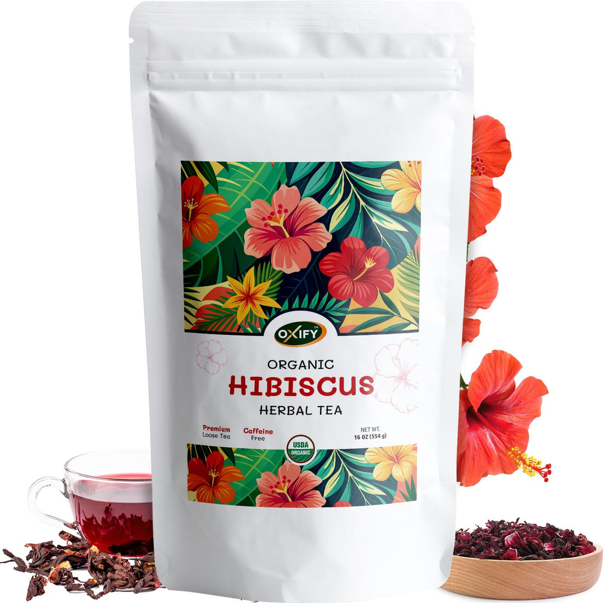 Oxify Organic Hibiscus tea leaves close-up for a soothing hot brew