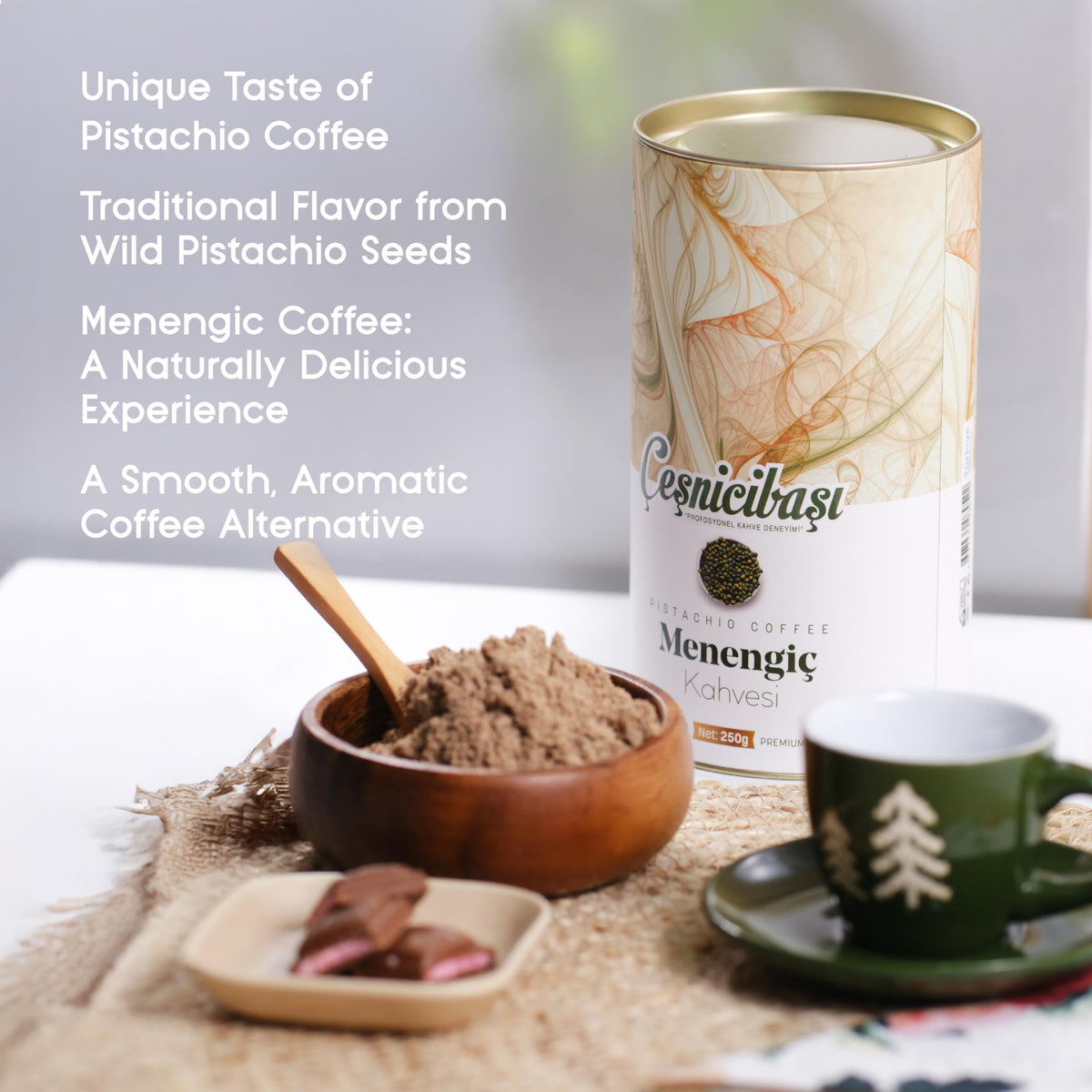 OZ ERCIYES Menengic ground pistachios for authentic Turkish brew.