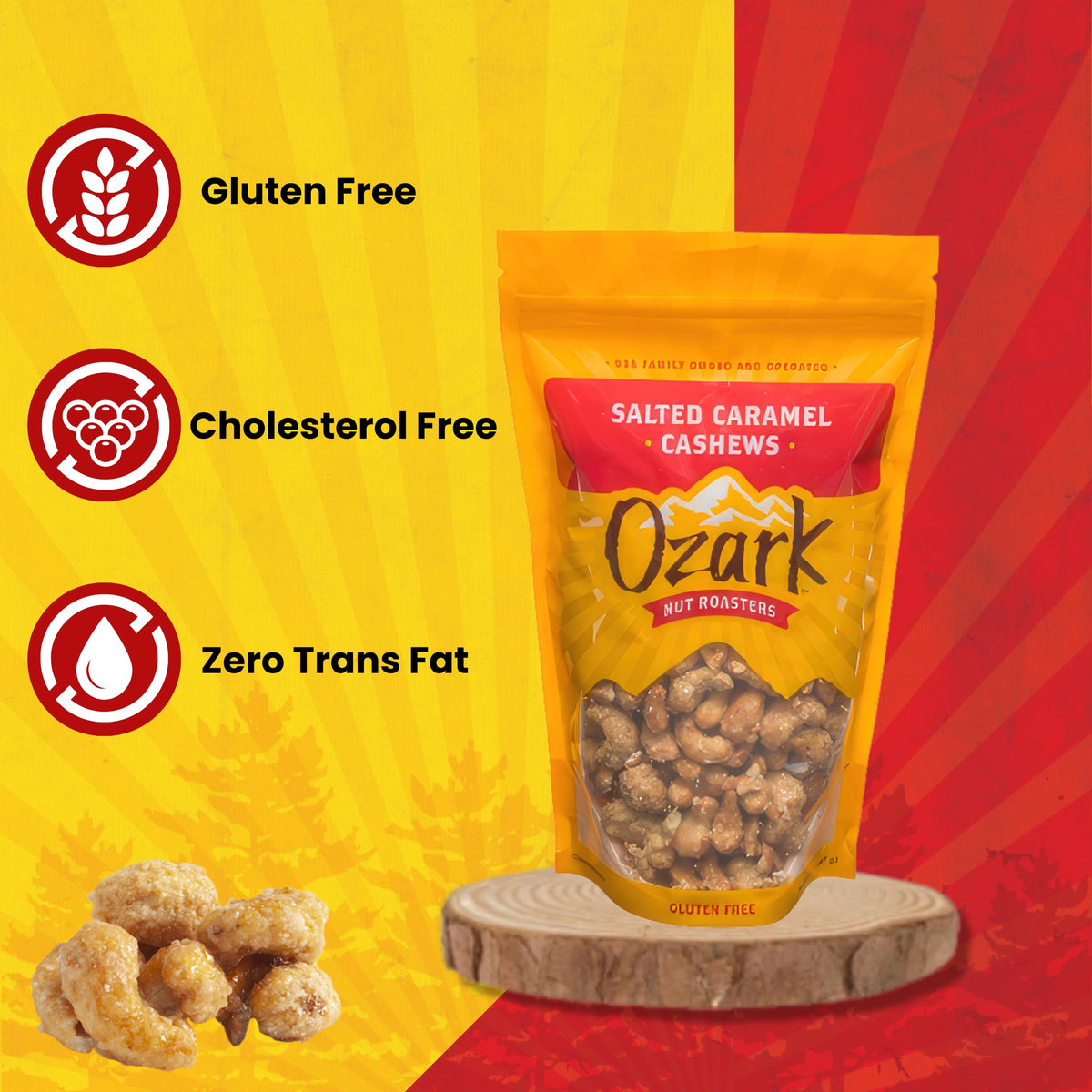 Ozark Nut Roasters Premium Cashews Closeup, rich, premium nuts with caramel notes.