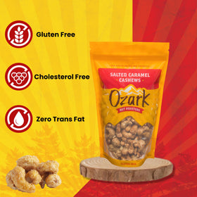 Ozark Nut Roasters Premium Cashews Closeup, rich, premium nuts with caramel notes.