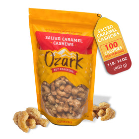 Ozark Nut Roasters Salted Caramel Cashews pack, indulgent crunch for on-the-go snacking.