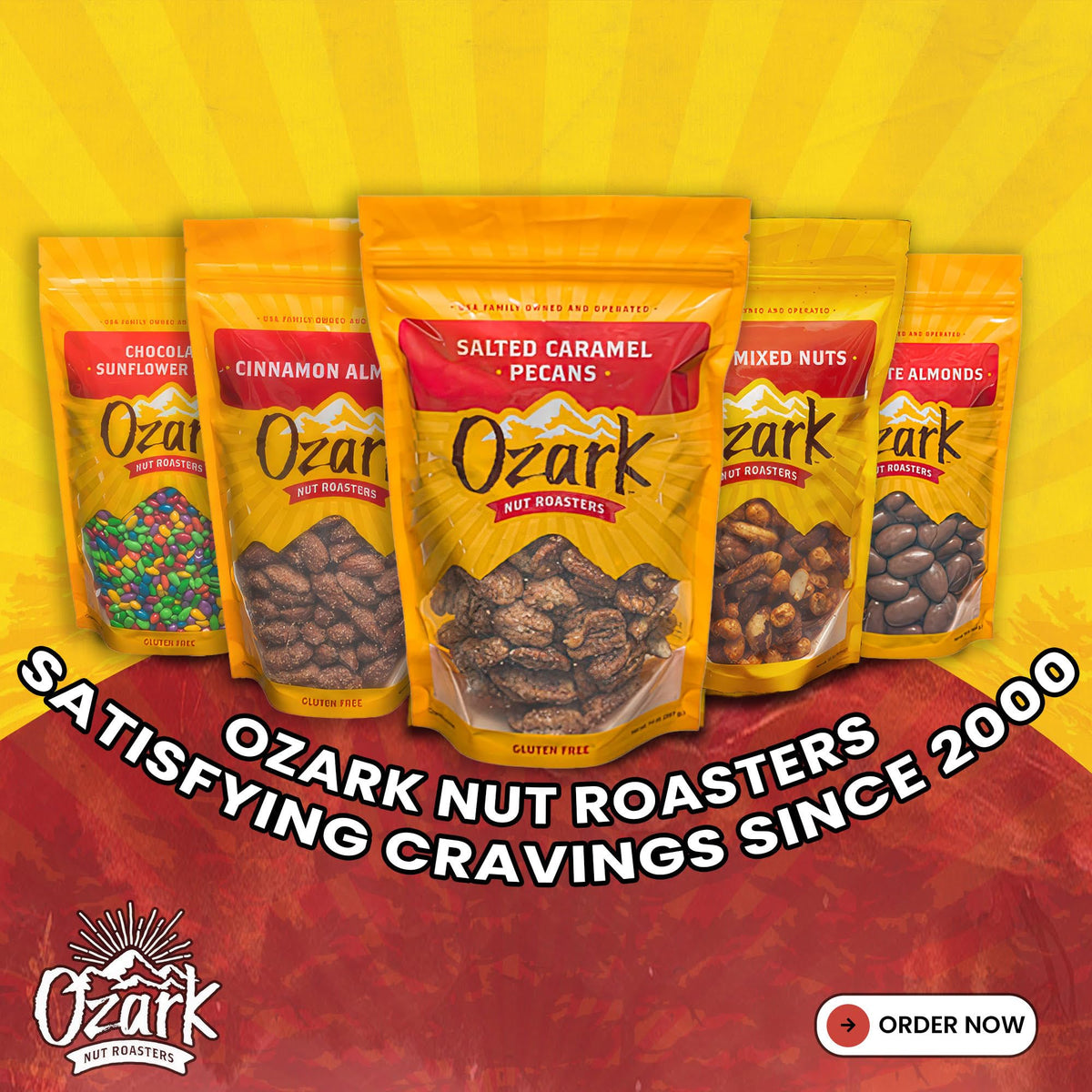 Ozark Nut Roasters Snack in a Bowl, ready-to-share cashews for gatherings or offices.