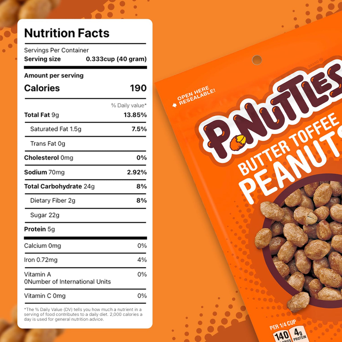 Close-up of the buttery toffee coating on P-Nuttles peanuts