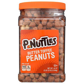P-Nuttles Butter Toffee Peanuts jar close-up; rich coating perfect for snacking.