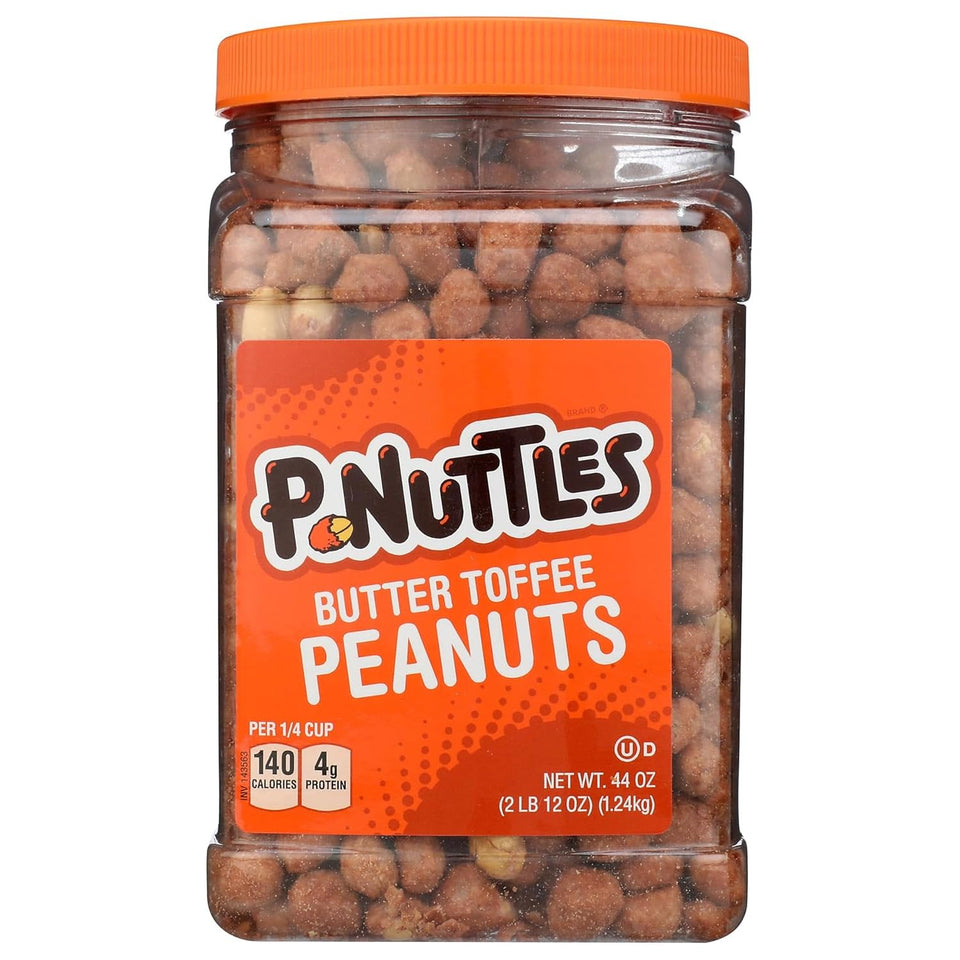 P-Nuttles Butter Toffee Peanuts jar close-up; rich coating perfect for snacking.
