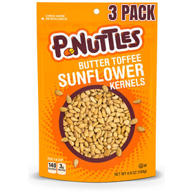 P-Nuttles Butter Toffee Sunflower Kernels in a resealable pack for fresh snacking.