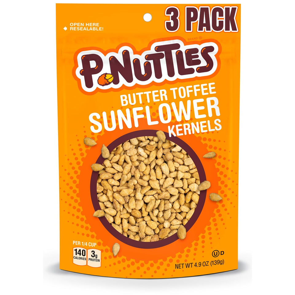 P-Nuttles Butter Toffee Sunflower Kernels in a resealable pack for fresh snacking.
