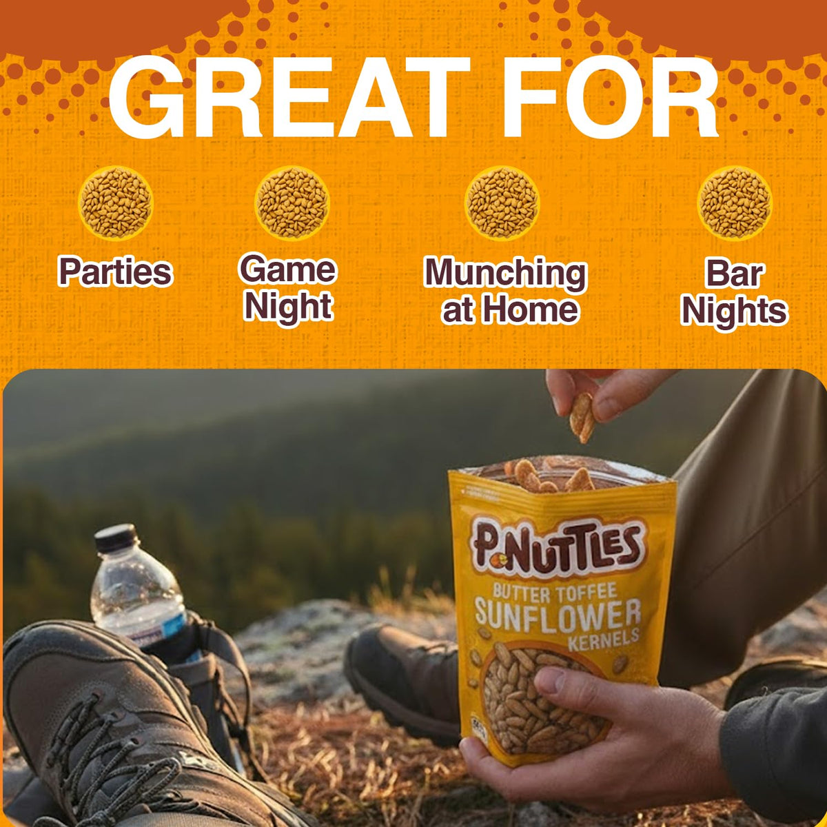 P-Nuttles shell-free sunflower kernels for quick, mess-free snacking.