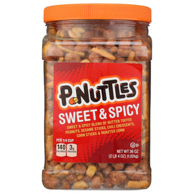 P-Nuttles Sweet and Spicy Snack Mix in a 36 oz jar, ideal for gatherings.