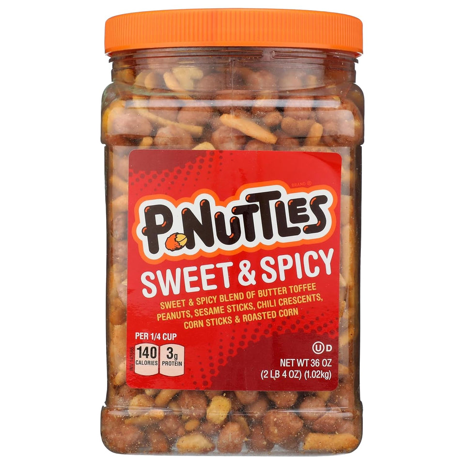 P-Nuttles Sweet and Spicy Snack Mix in a 36 oz jar, ideal for gatherings.