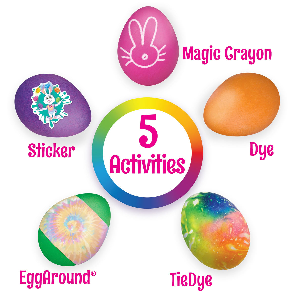 PAAS Tie-Dye kit showing colorful eggs ready for swirl patterns and family fun.