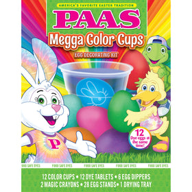PAAS Megga Color Cups demonstrate vibrant egg dye in a multi-cup setup for quick results.
