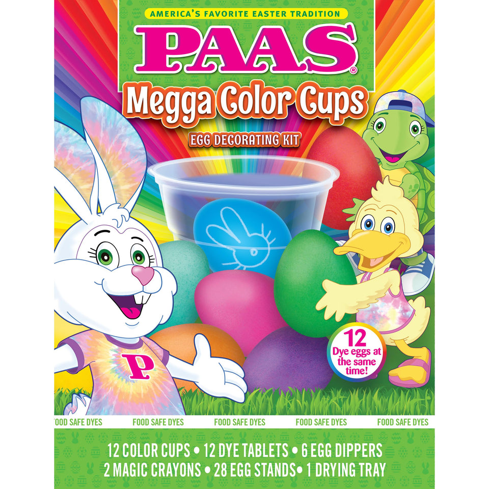 PAAS Megga Color Cups demonstrate vibrant egg dye in a multi-cup setup for quick results.