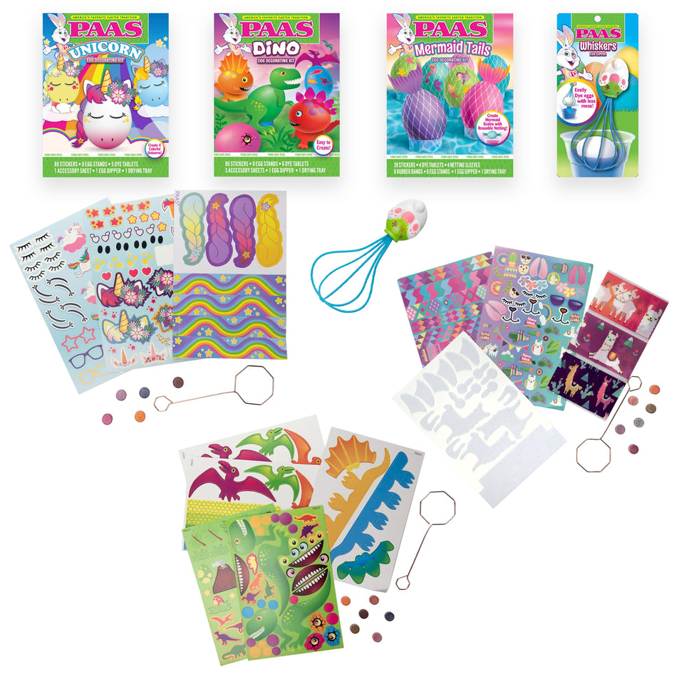 PAAS Unicorn Egg Kit with stickers and dyes for magical decorating adventures.