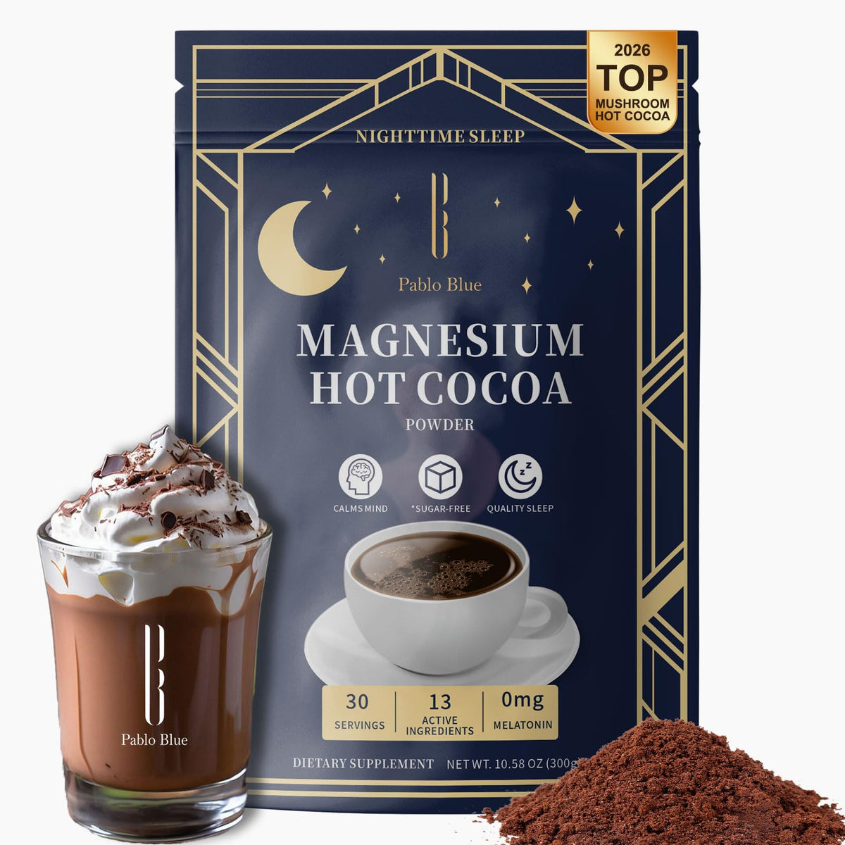Pablo Blue packaging shows sugar-free, melatonin-free night cocoa.