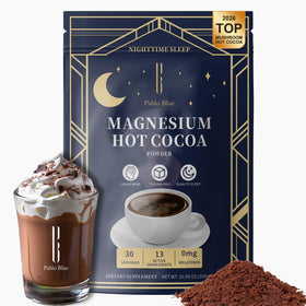 Pablo Blue packaging shows sugar-free, melatonin-free night cocoa.