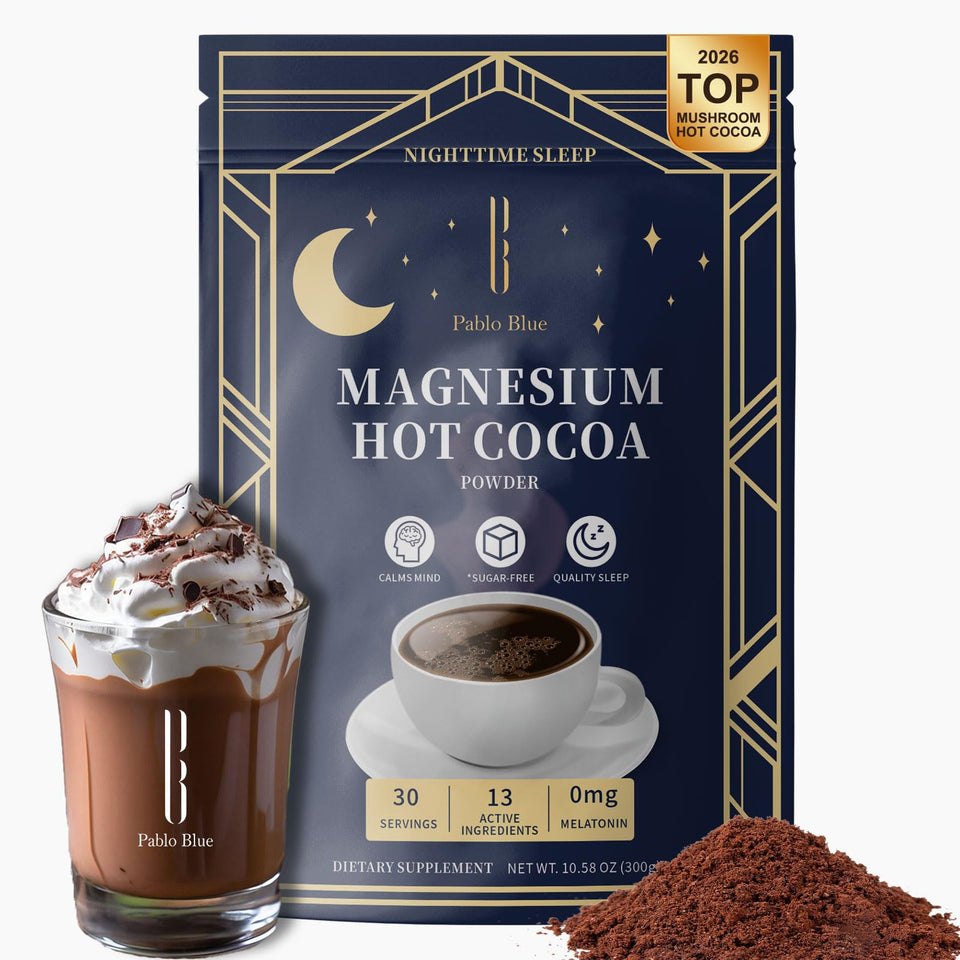 Pablo Blue packaging shows sugar-free, melatonin-free night cocoa.