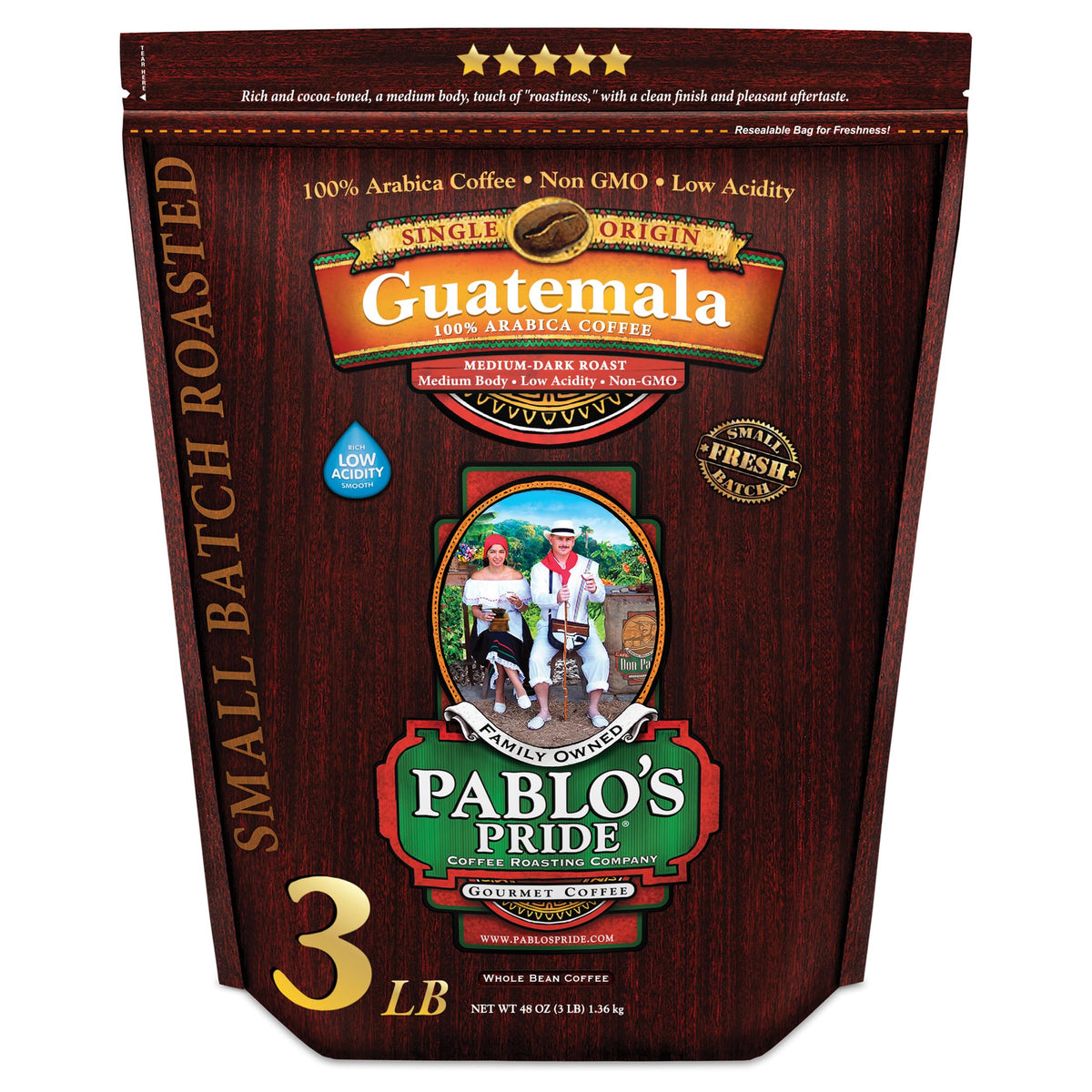 Pablo's Pride Guatemala 3 lb bag of whole bean coffee for home brewing.
