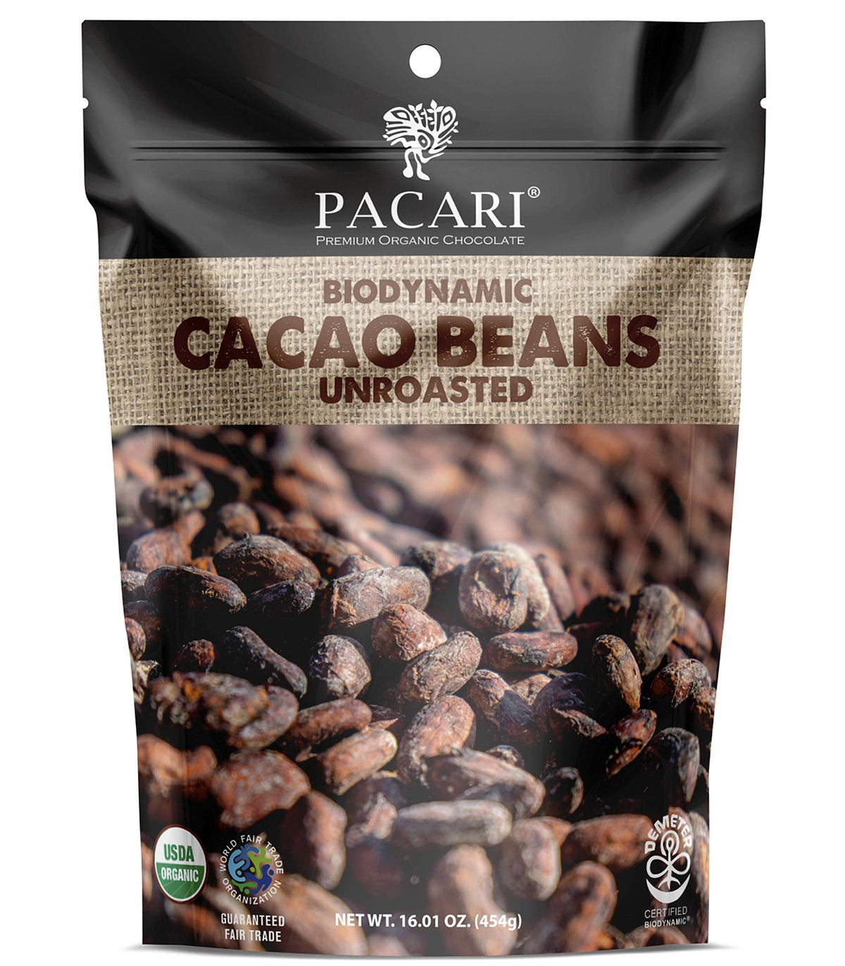 Pacari raw cacao beans in 16oz packaging for unsweetened baking.