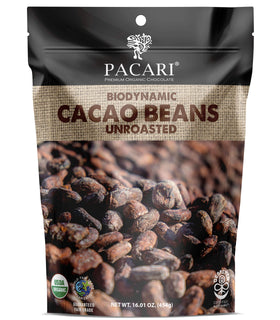 Pacari raw cacao beans in 16oz packaging for unsweetened baking.