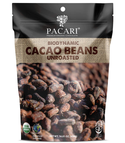 Pacari raw cacao beans in 16oz packaging for unsweetened baking.