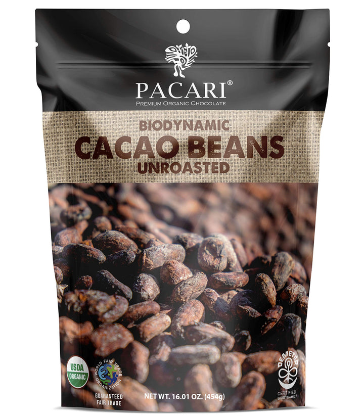 Pacari raw cacao beans in 16oz packaging for unsweetened baking.