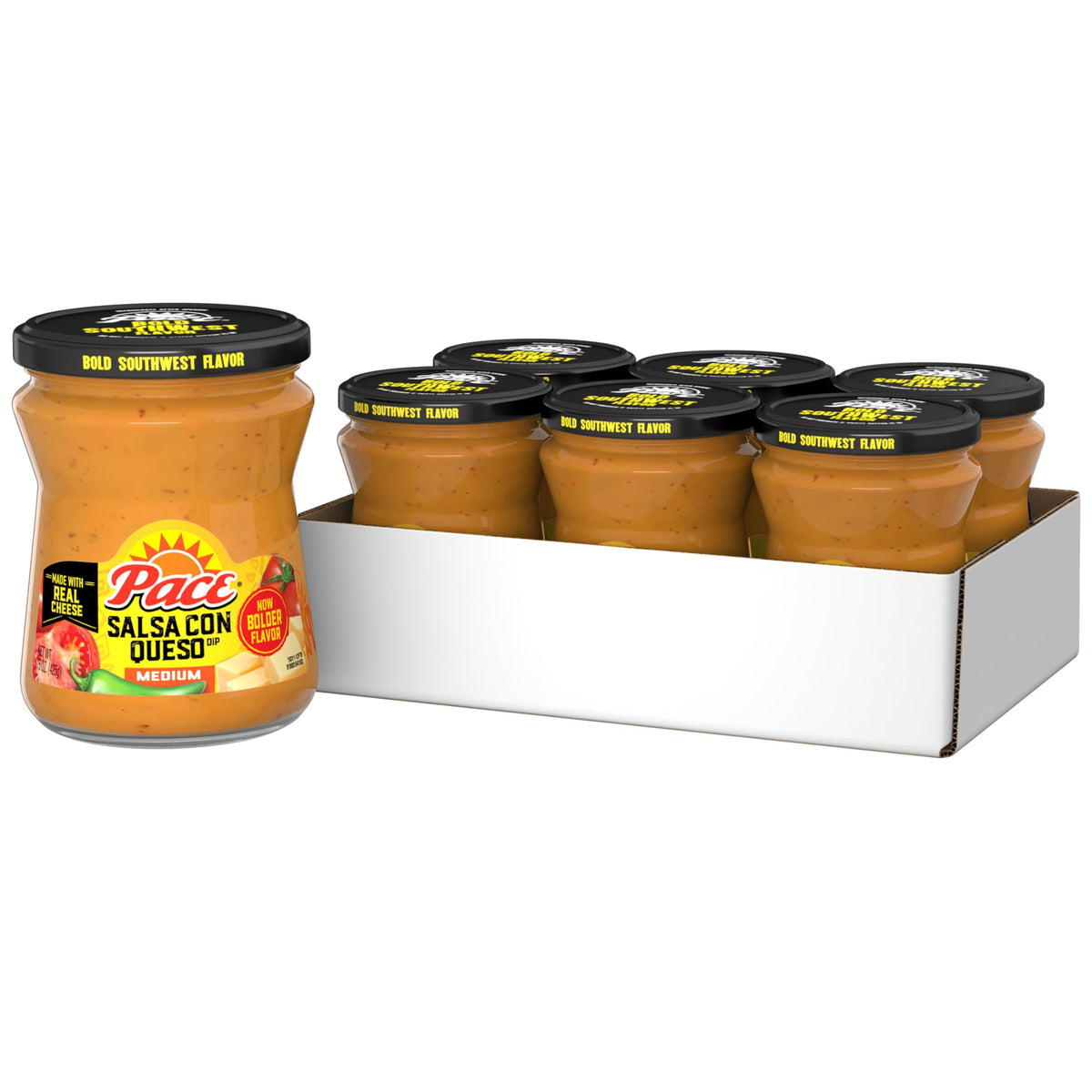 Pace Salsa Con Queso dip jar close-up for creamy dipping perfection
