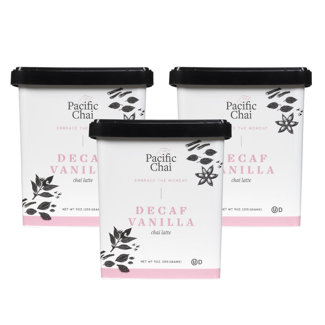 Pacific Chai Decaf Vanilla Chai Latte 3-pack packaging for quick at-home preparation.