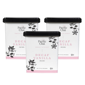 Pacific Chai Decaf Vanilla Chai Latte 3-pack packaging for quick at-home preparation.