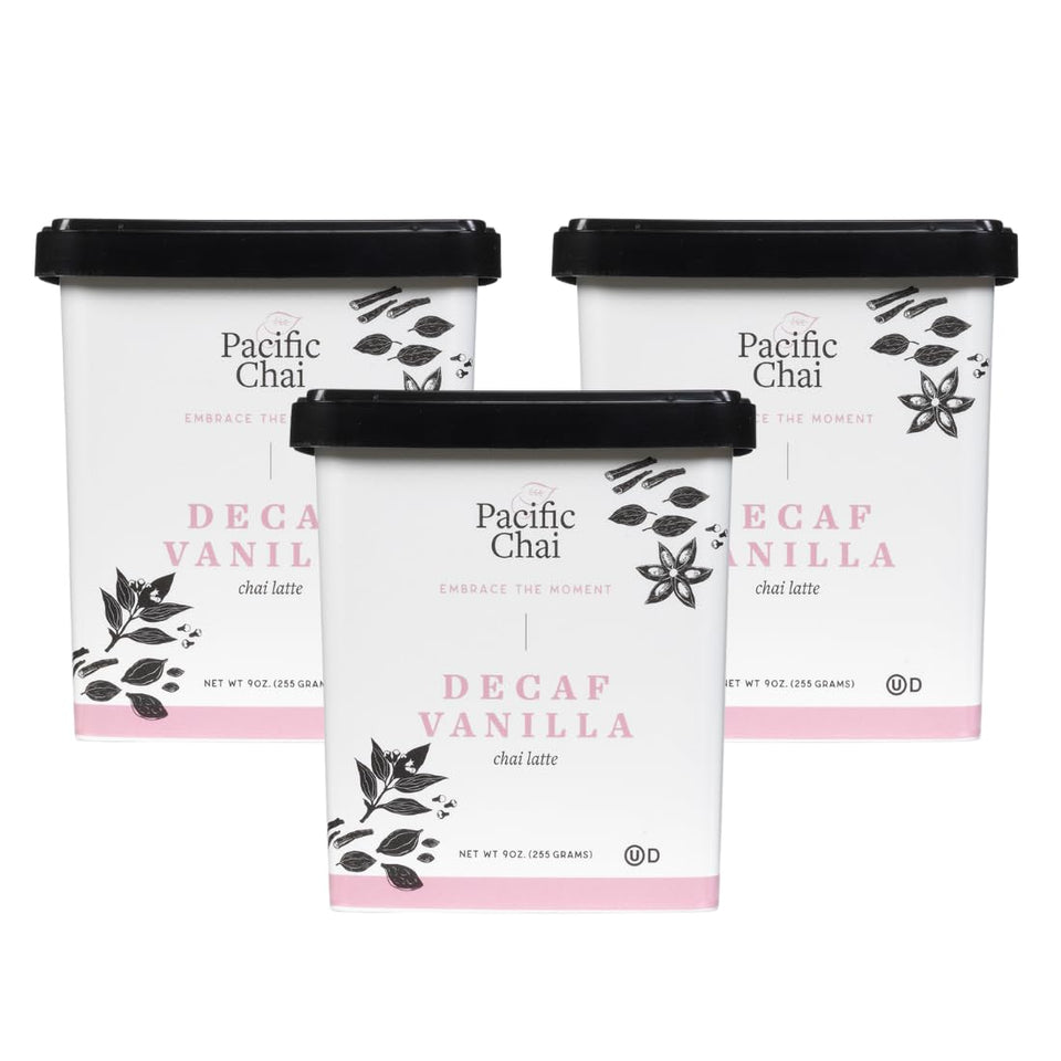 Pacific Chai Decaf Vanilla Chai Latte 3-pack packaging for quick at-home preparation.
