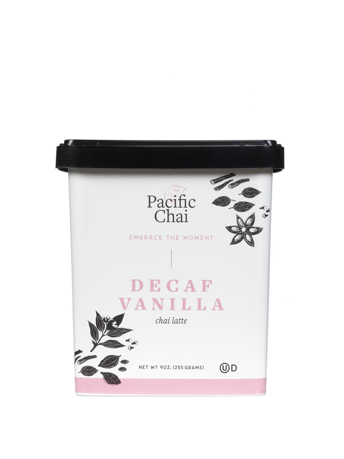 Pacific Chai Decaf Vanilla Chai Latte cup with steam for a cozy at-home treat.