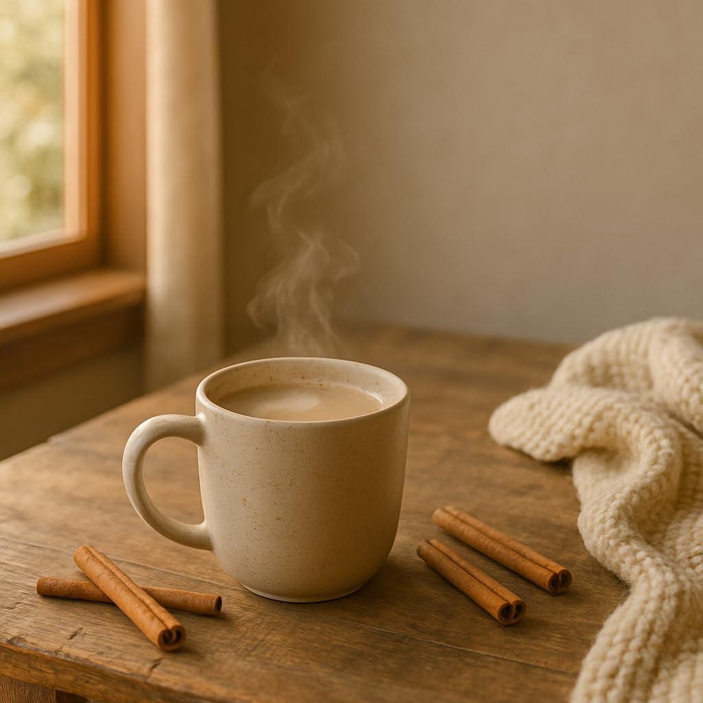 Pacific Chai Decaf Vanilla Chai Latte on a cozy kitchen counter with warm lighting.