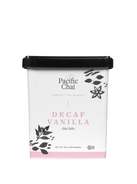Pacific Chai decaf vanilla latte mix dispensing bottle enables quick, cafe-style drinks at home.