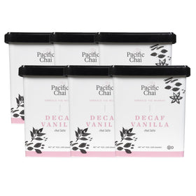 Pacific Chai decaf vanilla latte pack6 front view highlights instant preparation and gluten-free convenience.