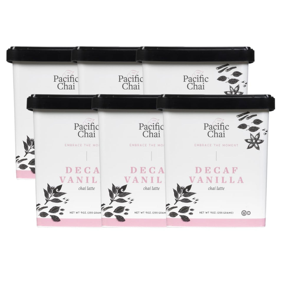Pacific Chai decaf vanilla latte pack6 front view highlights instant preparation and gluten-free convenience.