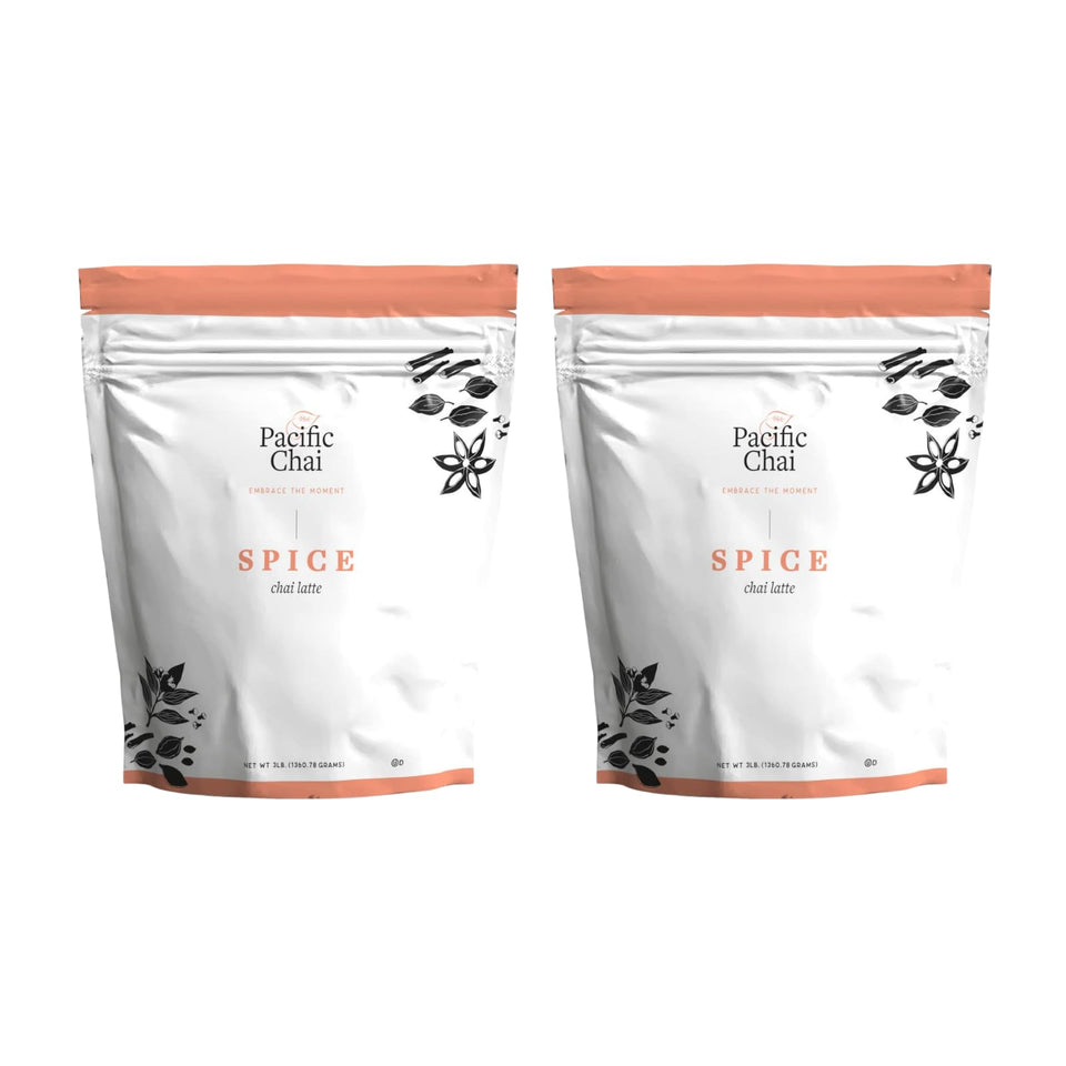 Pacific Chai spiced chai latte mix packaging for convenient, cafe-style home prep