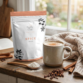 Pacific Chai Spiced Chai Latte Mix scoop and swirl shows easy prep.