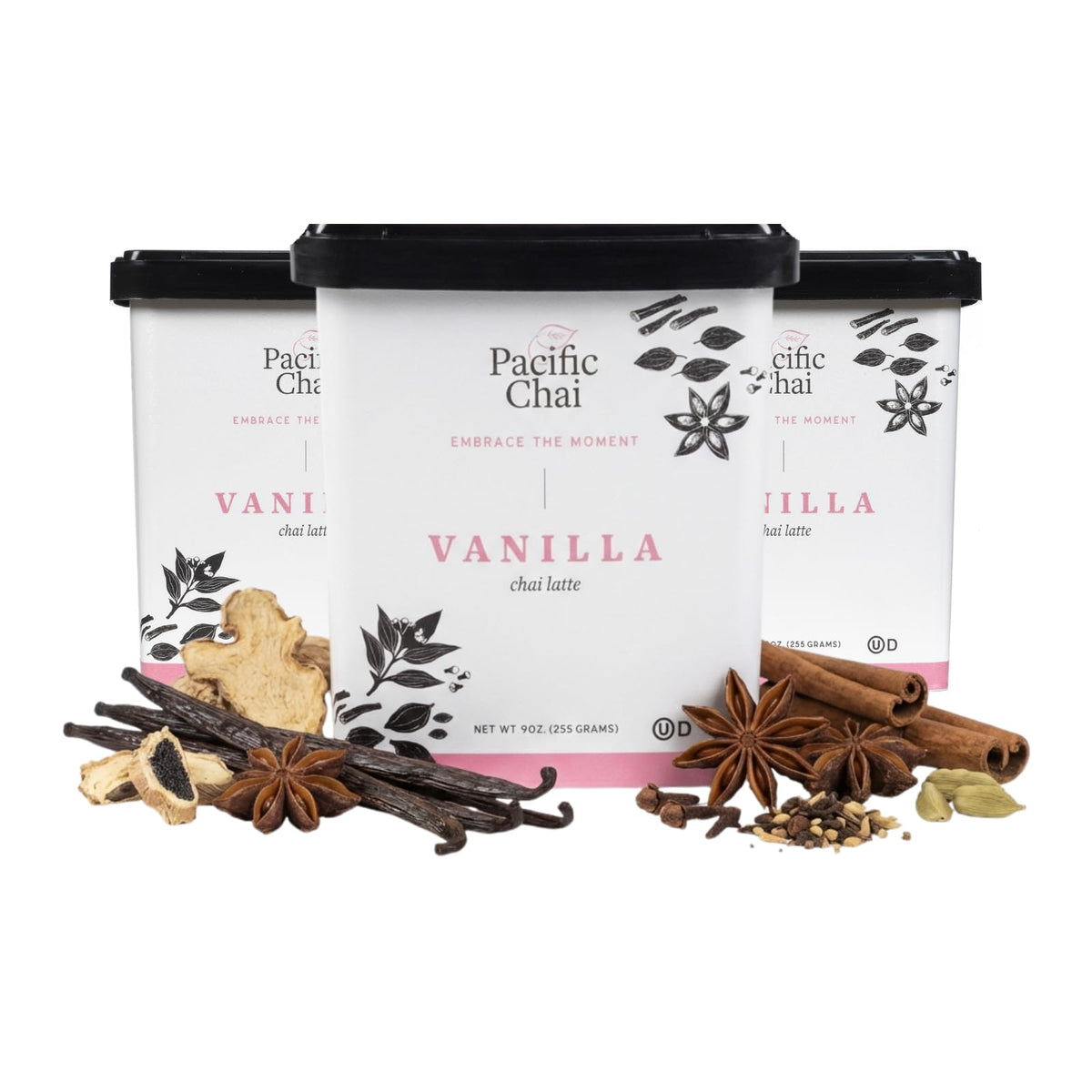 Pacific Chai Vanilla Latte Mix bottle pour shows creamy vanilla spice at home