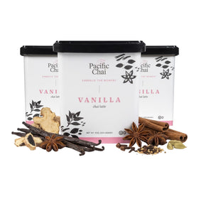 Pacific Chai Vanilla Latte Mix bottle pour shows creamy vanilla spice at home
