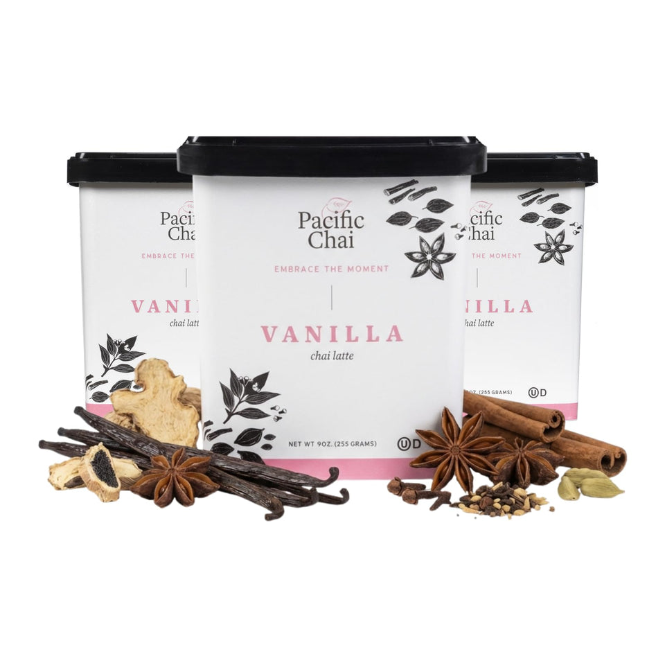 Pacific Chai Vanilla Latte Mix bottle pour shows creamy vanilla spice at home