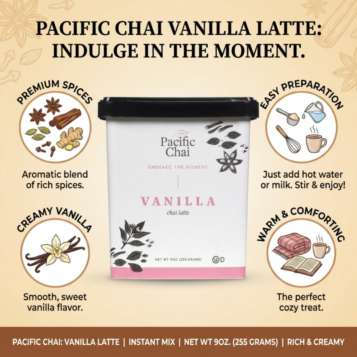 Pacific Chai Vanilla Latte Mix single-serve packet fits busy office breaks
