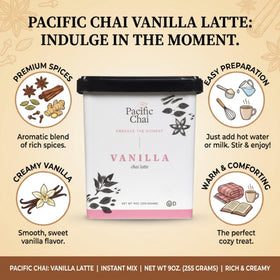 Pacific Chai Vanilla Latte Mix single-serve packet fits busy office breaks