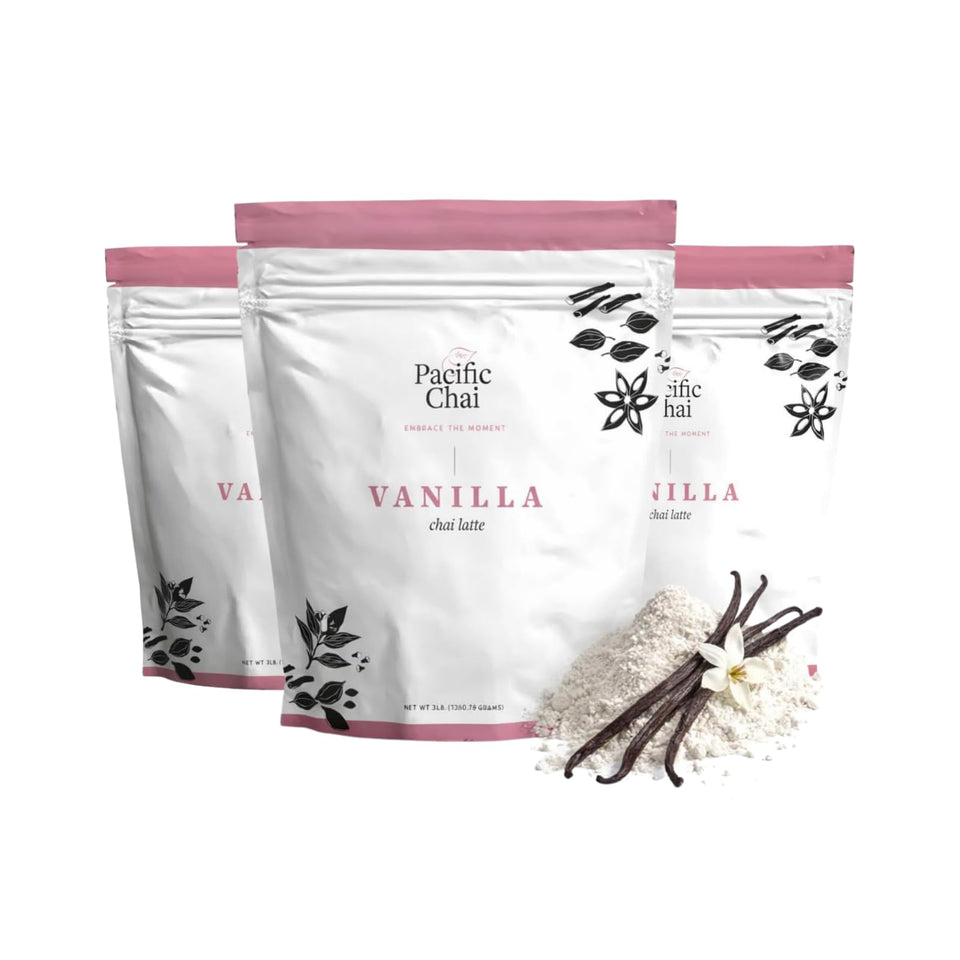 Pacific Chai Vanilla Chai Latte Mix powder tub with rich vanilla-spice aroma.